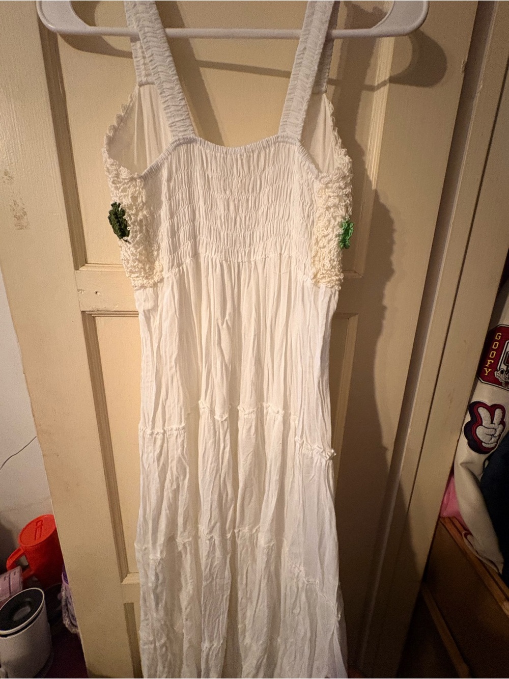 White Smocked Maxi Dress with Textured Bodice